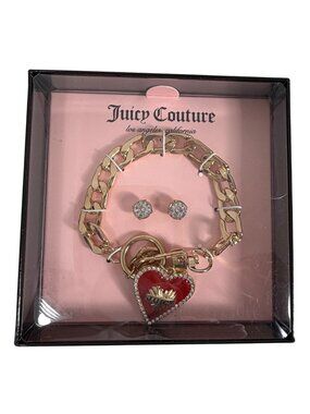 Juicy Couture Brand New Charm Bracelet + Earrings Set In Box Pink Heart